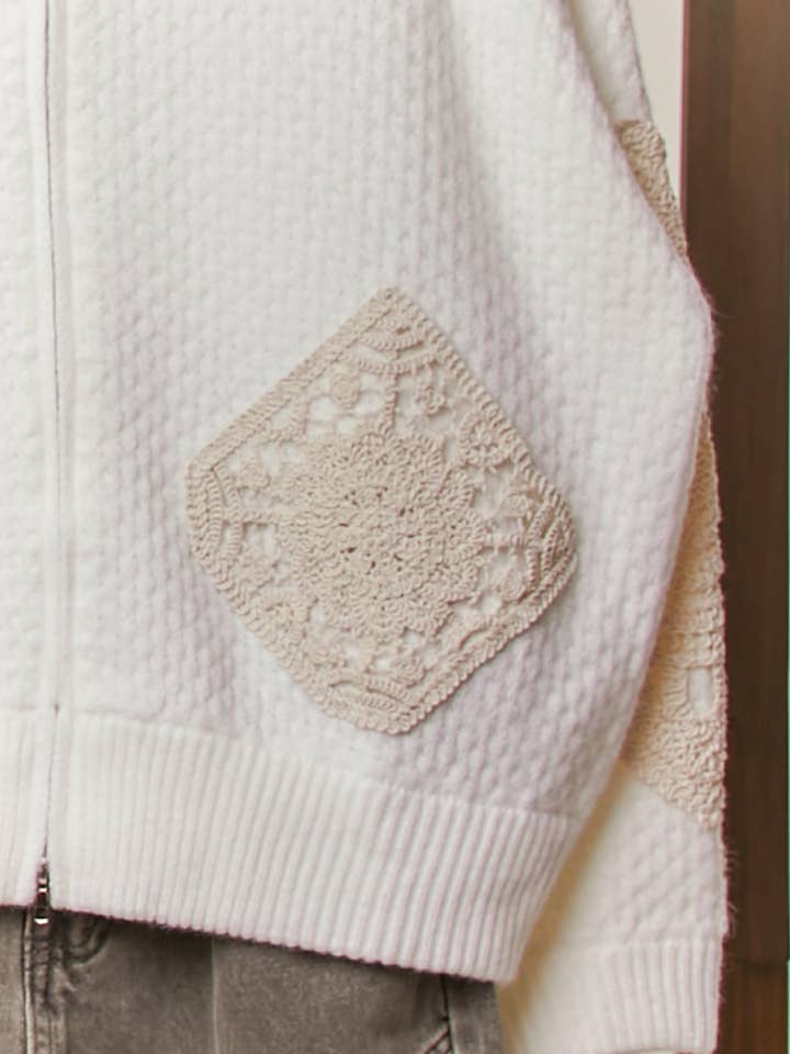Ivory Brown Textured Zip Up Front Long Sleeves Sweater for wholesale on Faire