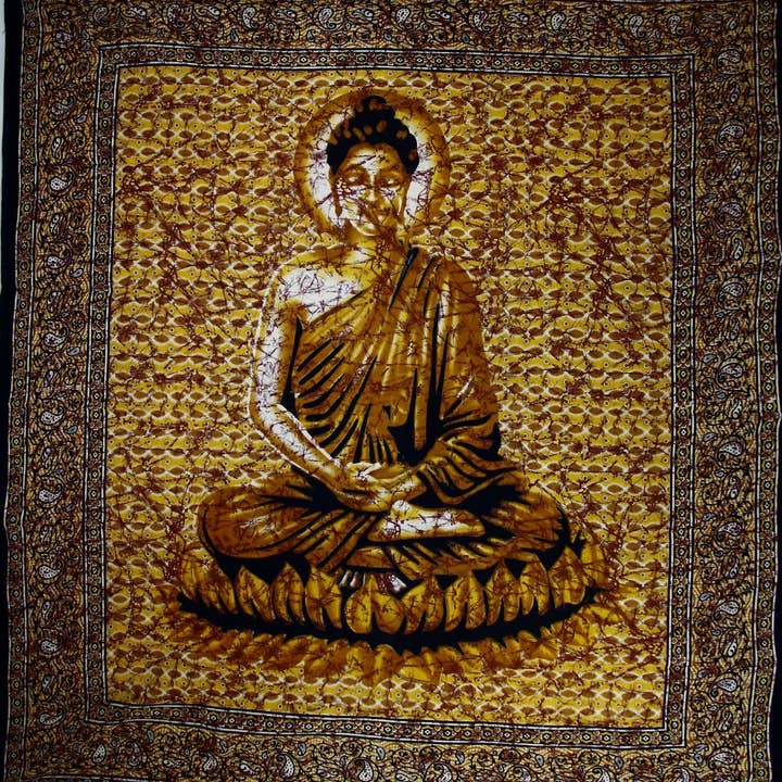 Yellow Buddha In Meditation Batik Style Tapestry for wholesale by Wild Lotus