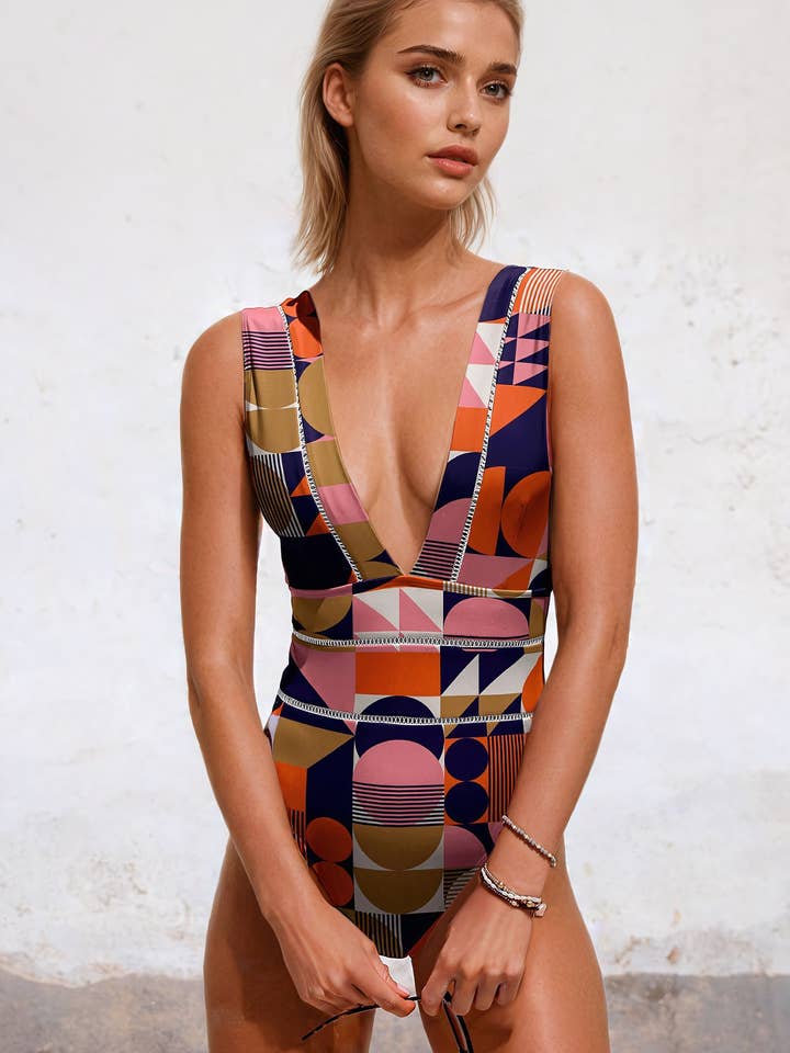 Art Deco Print Maeve Deep plunge One-Piece for wholesale on Faire
