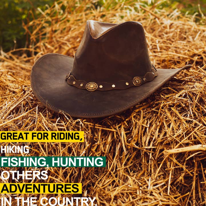 Hadzam – Großhandel Cowboyhut – Unisex – Unisex Western-Leder-Cowboyhut mit formbarem braunem breiten Rand7