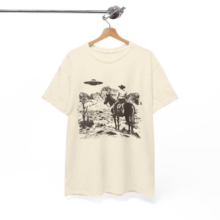KILLER RETRO - Wholesale Screen Printed T-Shirt - Unisex - Retro UFO and Cowboy Western Graphic Tee.