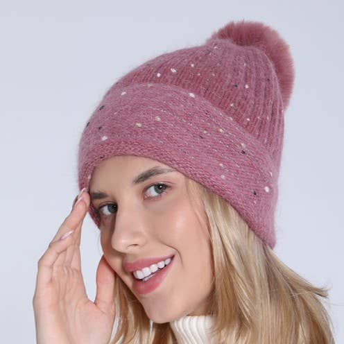JOSSLYN by wall to wall - Wholesale Beanie - Women's - SEQUIN FAUX FUR POM POM BEANIE HAT | 40BN911