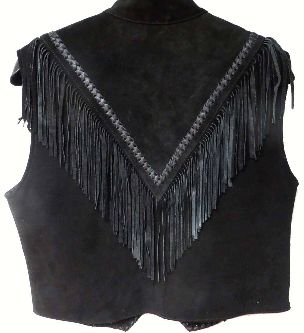 Black Genuine Leather Suede Ladies Vest with Fringes #9892 for wholesale on Faire1