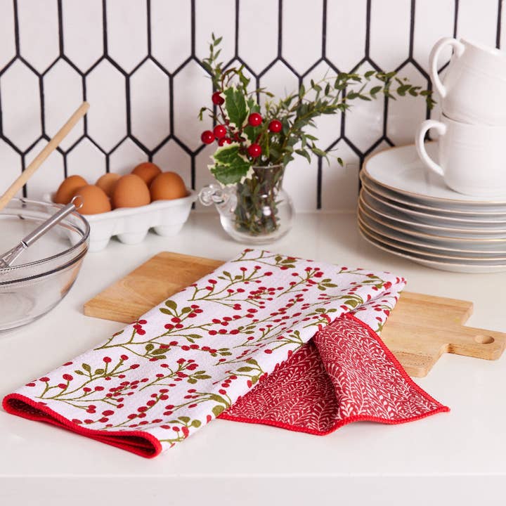 Red Berries blu Kitchen Tea Towel for wholesale by rockflowerpaper