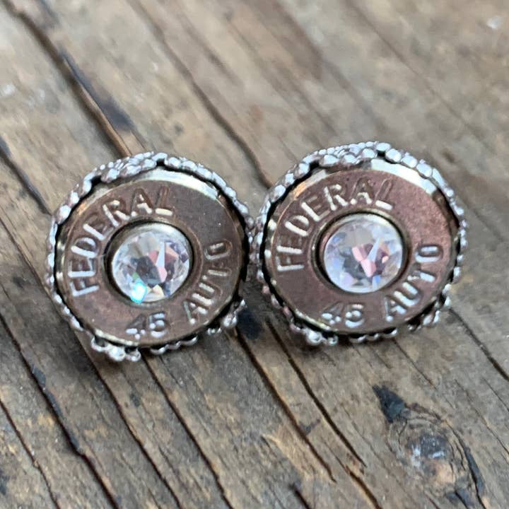 45 Auto Bullet Earrings with lace details and Clear Crystal for wholesale by Jill's Jewels