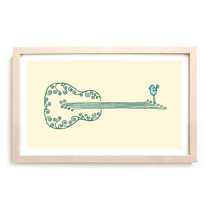 Gitarren-Kunstdruck "Blauer Vogel" für den Großhandel von Matthew Allen Art