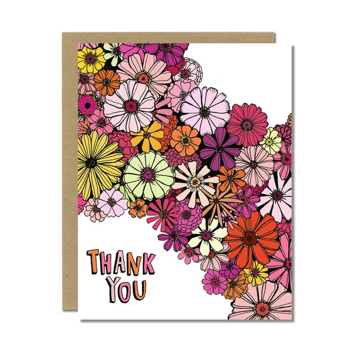 Zinnia Flowers Thank You Greeting Card for wholesale by Sloe Gin Fizz