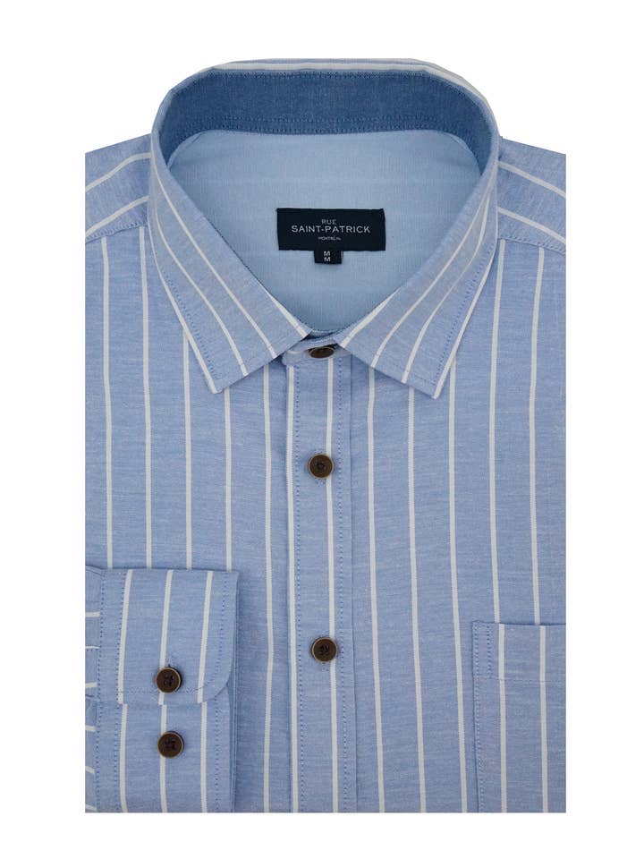 Beauchamp Randig Stretch Oxfordskjorta i Egeiskt Blå och Vit för wholesale av Rue Saint-Patrick