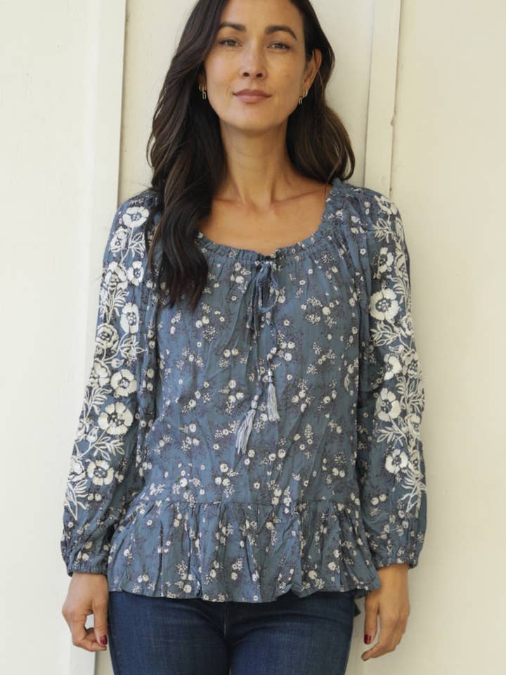 N2W19-WA40 EMBROIDERED LONG SLEEVE FLORAL PRINT TOP for wholesale by Nostalgia