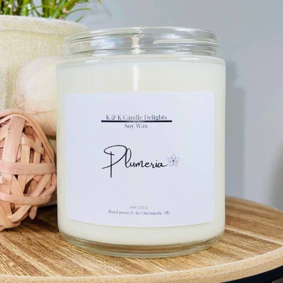 Plumeria 9oz Soy Candle for wholesale by K&K Candle Delights