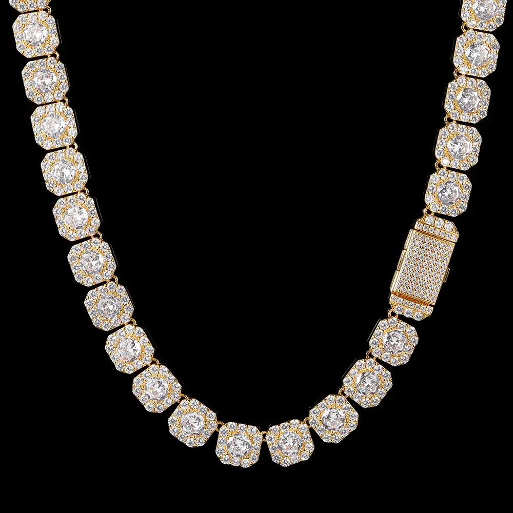GB Jewelry - Wholesale Link & Chain Necklace - 10mm 18k Gold Diamond Clustered Tennis Chain5