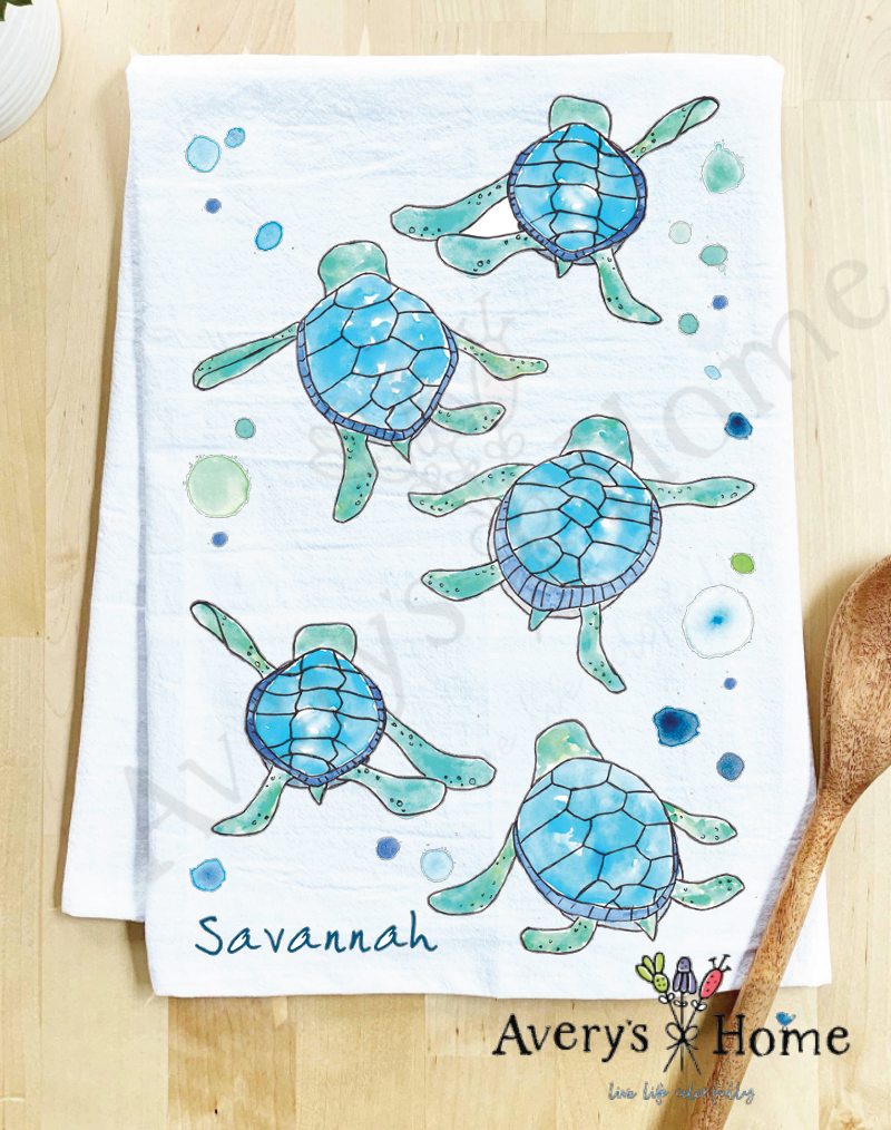Avery's Home - Vente Torchons - Serviette de cuisine personnalisable avec adorables bébés tortues marchant sur la côte24