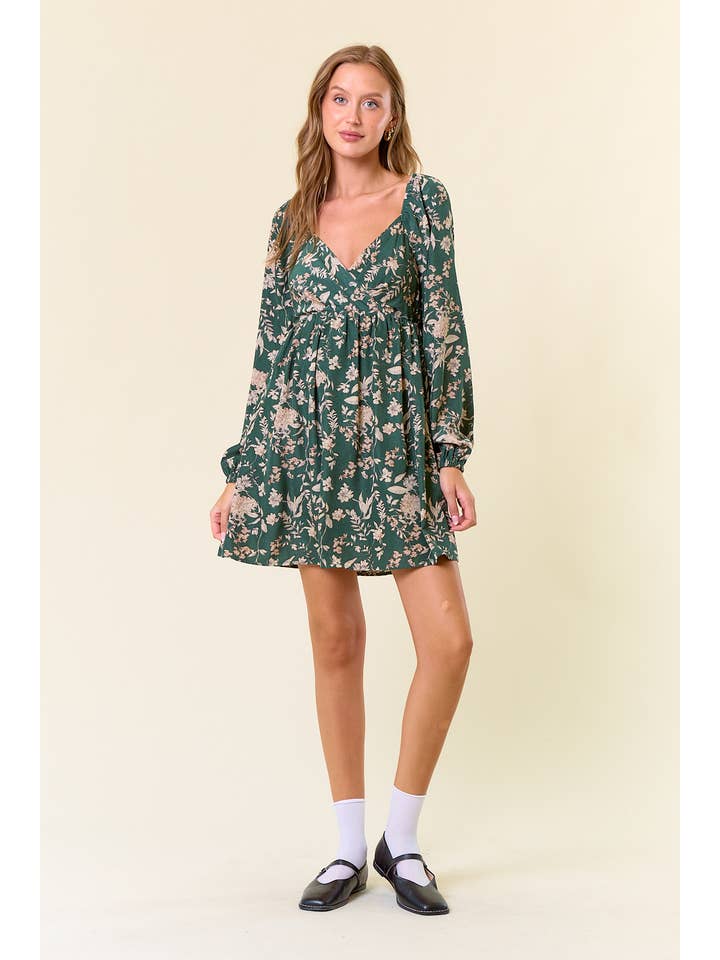 DK FOREST FLORAL PRINT LONG SLEEVE MINI DRESS - 27834D for wholesale on Faire