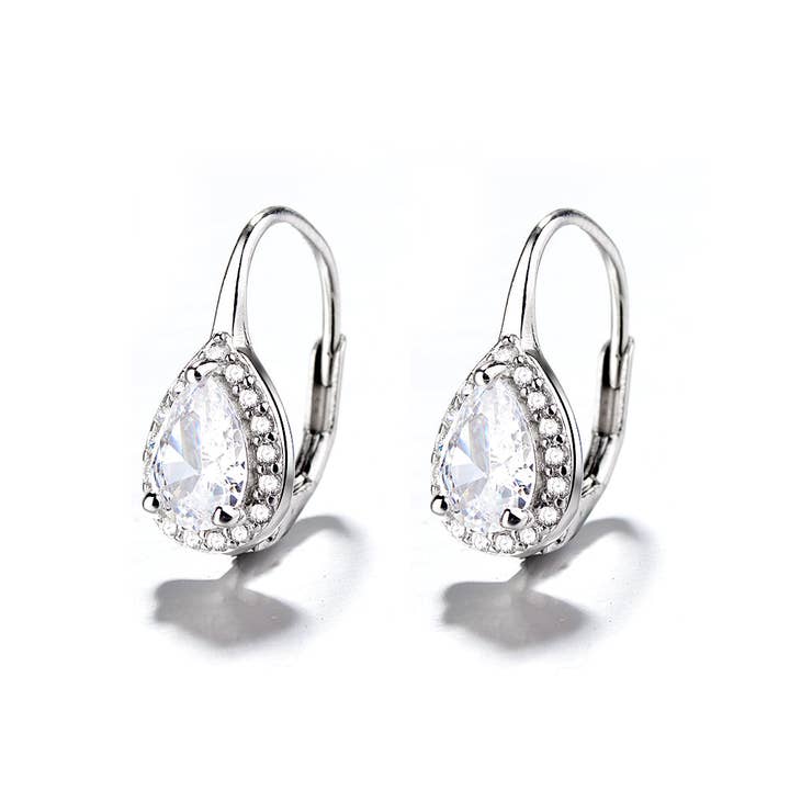 Amy and Annette Sterling Silver Pear Omega Lever-back Halo Earring for wholesale by Amy and Annette