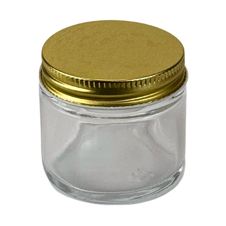 2oz Clear Glass Jar Straight Sided with Metal Gold Lid for wholesale by The Bottle Shoppe