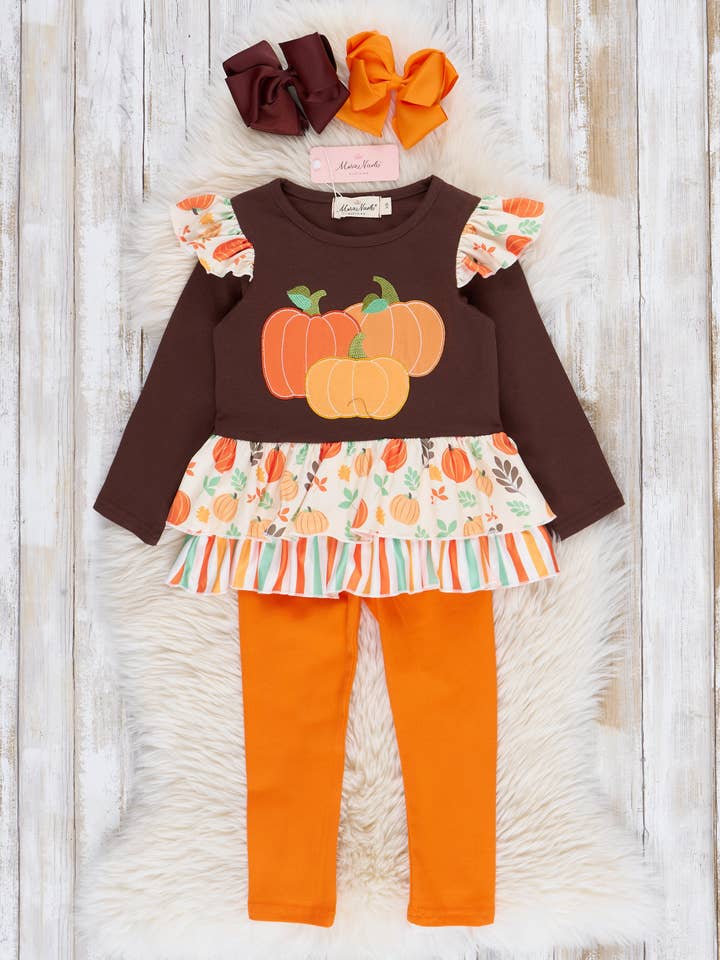 Brown & Orange Pumpkin Harvest Ruffle Outfit for wholesale by Marie Nicole Clothing