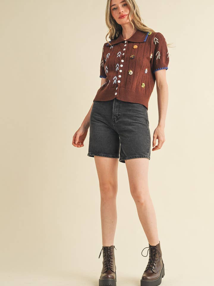 &MERCI - Wholesale Knit Sweater - Women's - HAND EMBROIDERED SHORT SLV BUTTON DOWN SWEATER MSW1095312