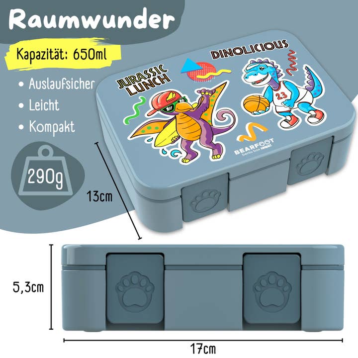 BEARFOOT – Engroshandel Madpose/-kasse – Børn – Madkasse med rum, let og lækagesikker - blå dinosaurer5