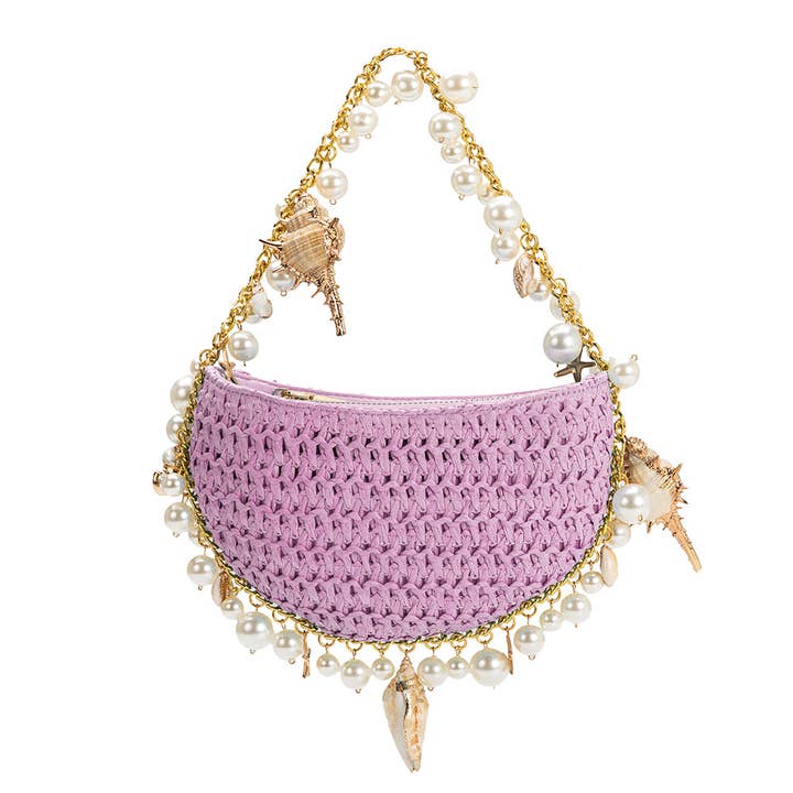 Melie Bianco - Wholesale Top Handle Bag - Women's - Isla Lavender Small Shells Straw Top Handle