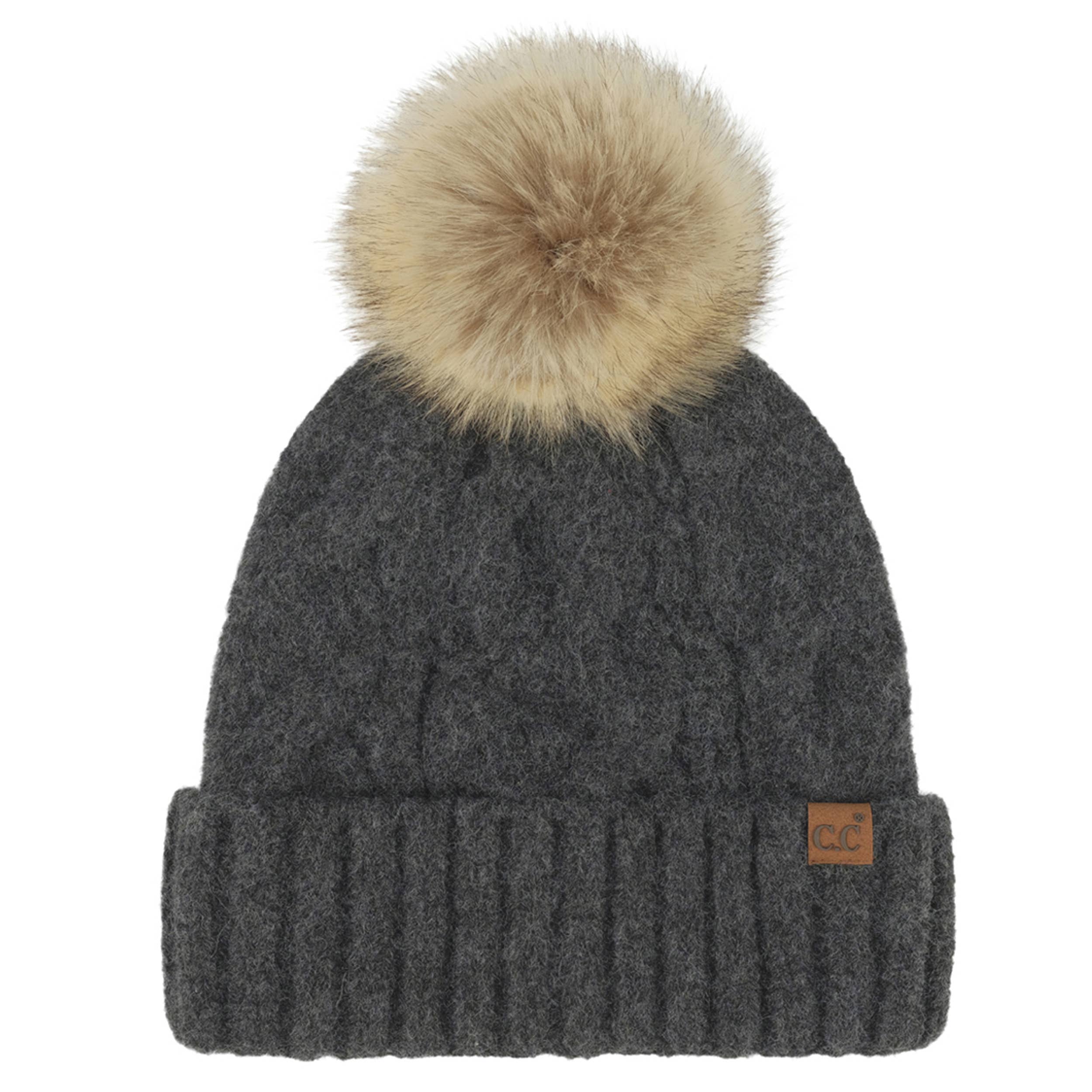 Hana - Wholesale Beanie - Women's - C.C Solid Big Cable Pattern Knit Cuff Pom Beanie0