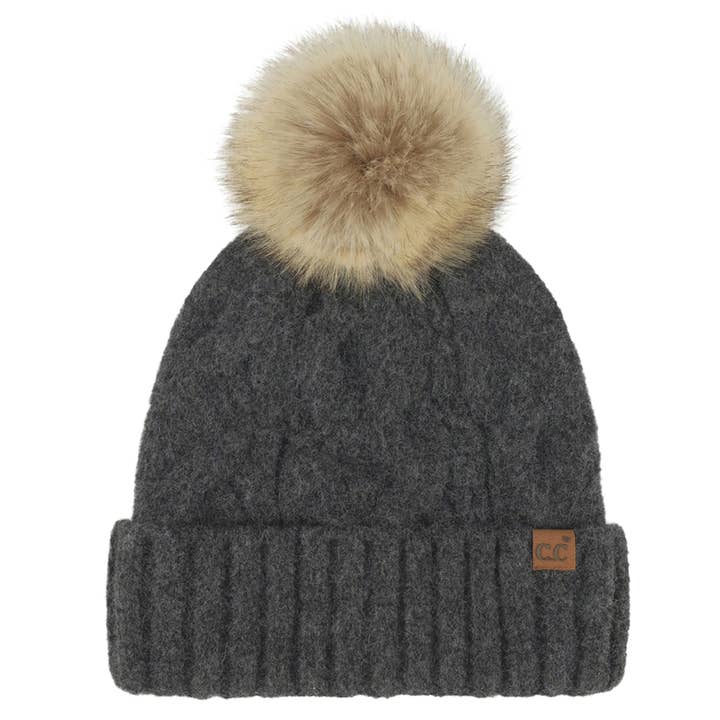 Hana - Wholesale Beanie - Women's - C.C Solid Big Cable Pattern Knit Cuff Pom Beanie