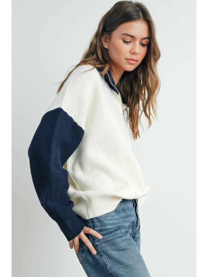 BUTTERMELON - Wholesale Cardigan - Women's - Color Block Collar Half Zipper Pullover Sweater - BMW7589