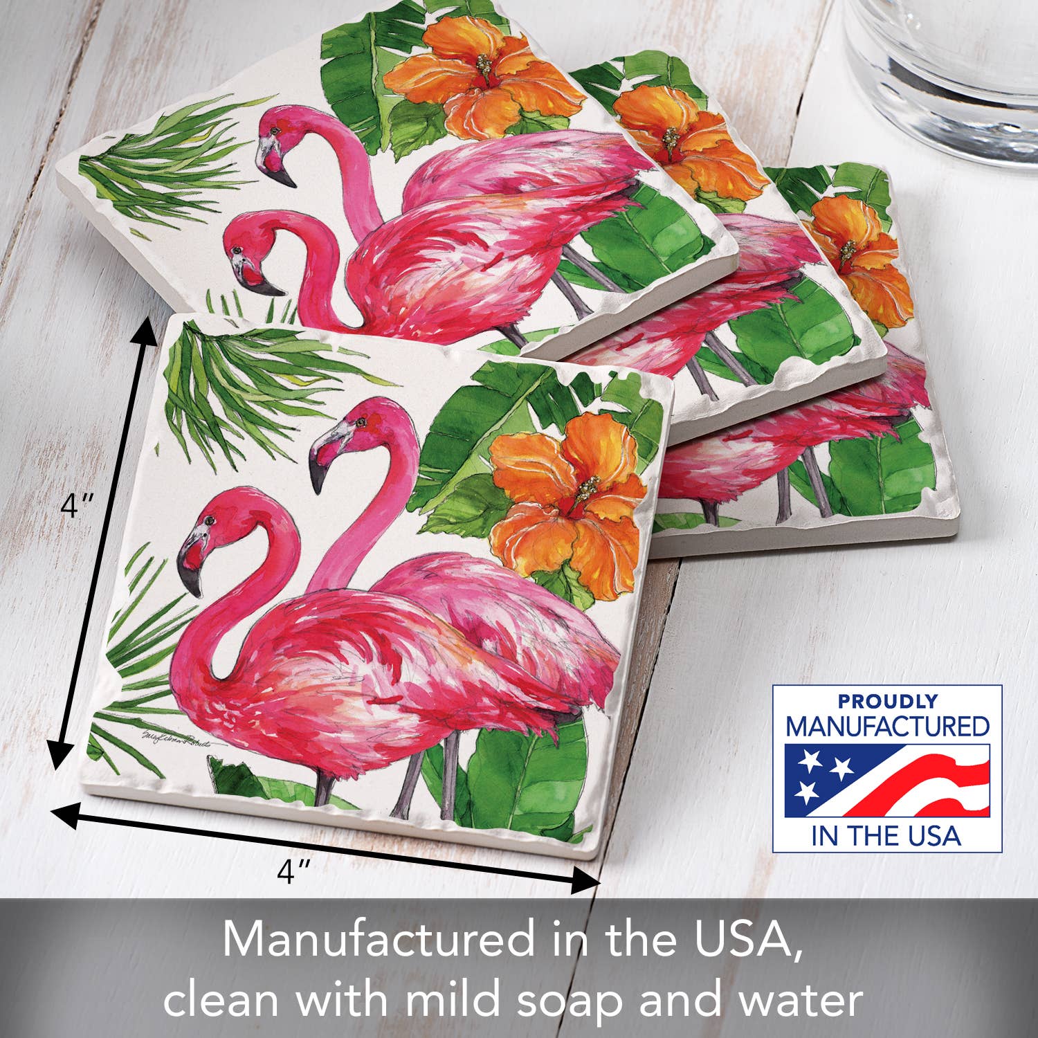 CounterArt/Highland Home/Thirstystone - Wholesale Coasters - Flamingo Tropical Absorbent Tumbled Tile Coaster 4pk1