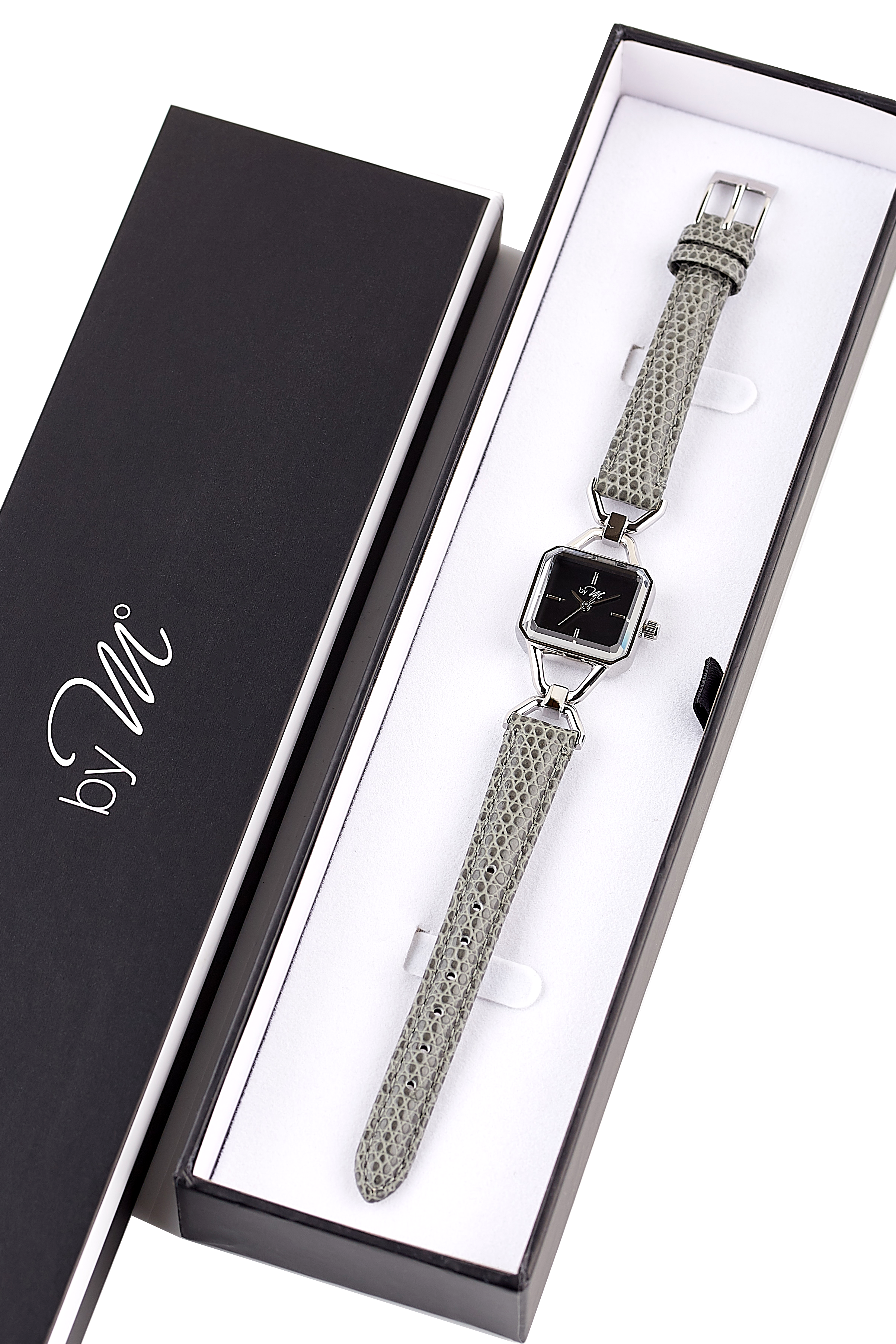 by M degrees – wholesale Armbandsur - Dam – Vintage-inspirerad fyrkantig silverklocka | Grå läderrem11