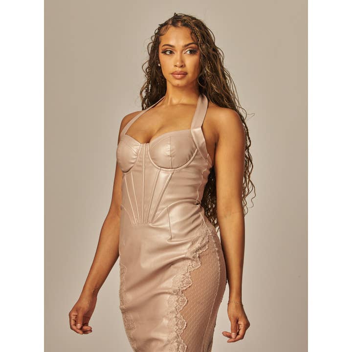 Miss 8 - Vente Robe – femme - Robe bustier en cuir PU avec bordure en dentelle8