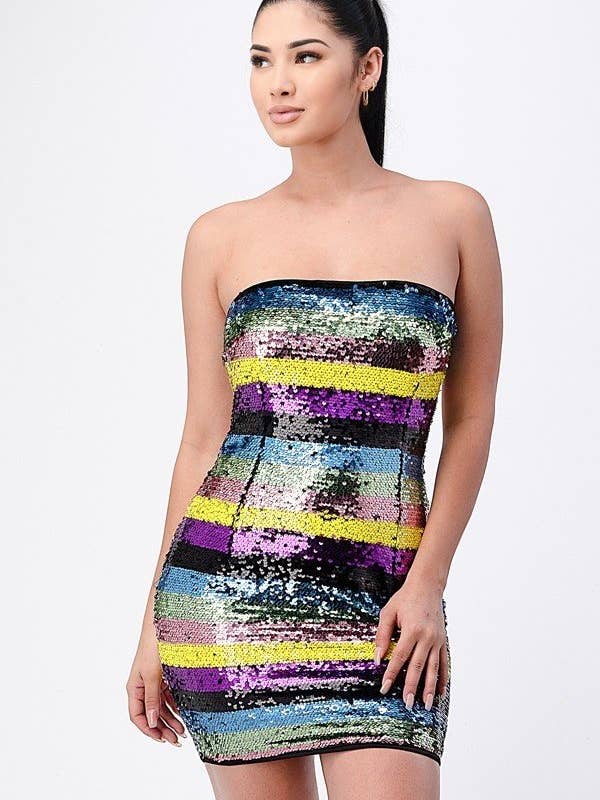 Mini abito multicolore, con paillettes, senza spalline B717D per la vendita all'ingrosso da parte di SHOP17