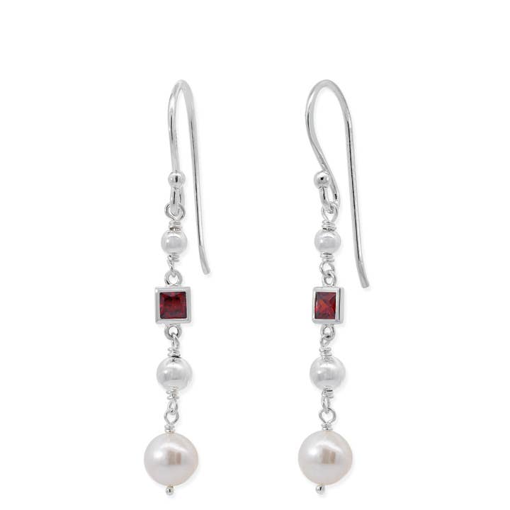 Brincos Pendentes com Garnet CZ em Bezel e Pérola (SV 588GAC) por atacado de Boma Jewelry