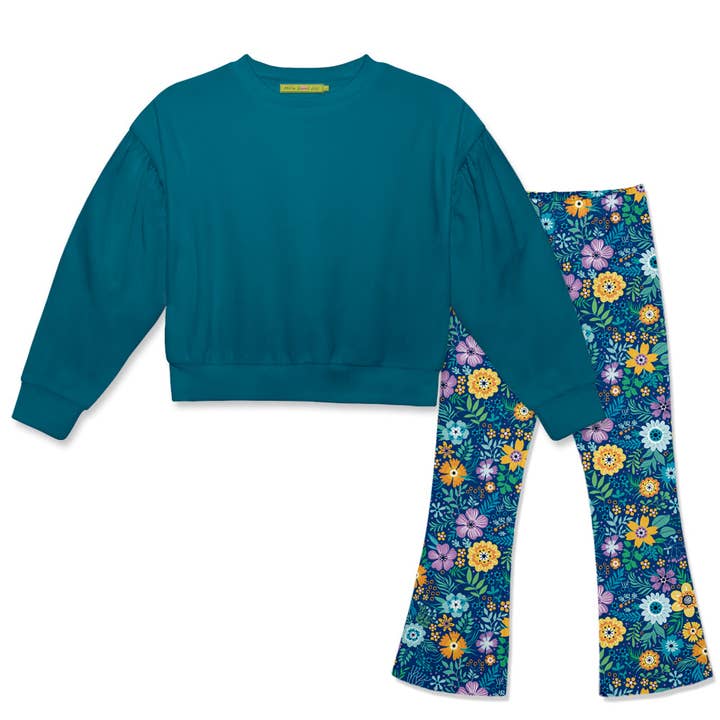 Kids Teal Crewneck Sweatshirt & Forever Floral Flare Leggings for wholesale by Millie Loves Lily
