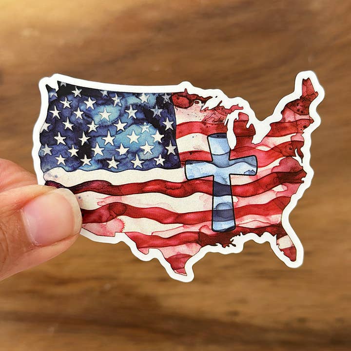 Watercolor US with Cross | America | Vinyl Christian Sticker for wholesale by Missional Merch