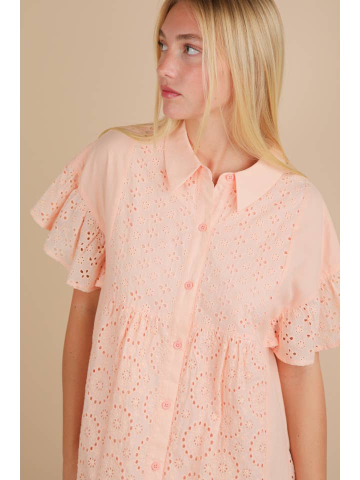 VERY J - Wholesale Dress - Women's - ND31658-Mixed Cotton Eyelet Lace Ruffled Mini Shirt Dress5