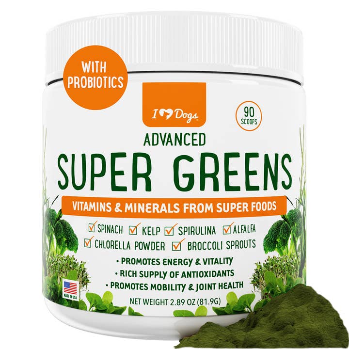 iHeartDogs.com – wholesale Pet supplement – Dog – Super-Greens: Vitamin, Mineral & Probiotic Supplement for Dogs with Spirulina, Kelp, Green Tea, Spinach, Chlorella, & Brocolli Sprouts - 90 Scoops -Faire