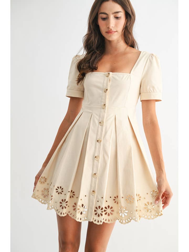 SHORT SLEEVE A-LINE DRESS SCALLOPED EYELET HEM for wholesale by Camellia