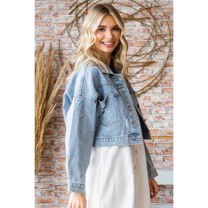 Med Wash Kort spijkerjack met strass en studs voor groothandel op Faire6