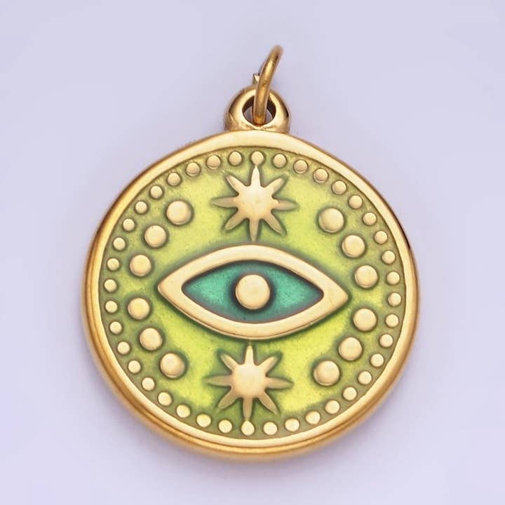 Dainty Gold Stainless Steel Green Evil Eye Round Circle Charm Medallion P1384 for wholesale by Aim Eternal