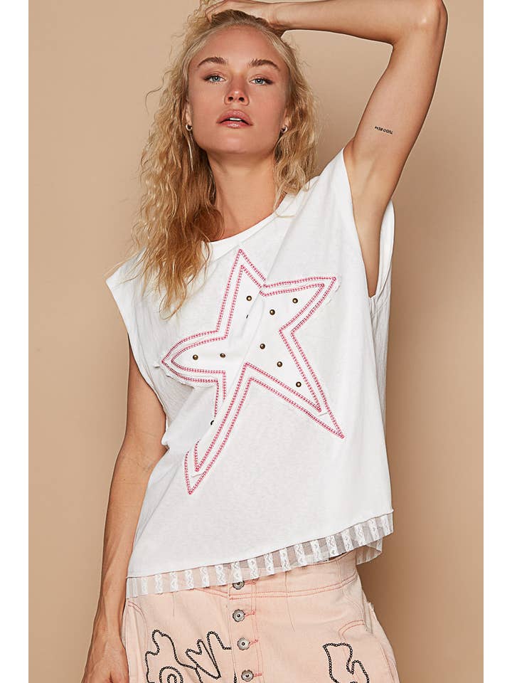 Pol Clothing - Wholesale Knit Top - Women's - Round neck sleeveless star patch knit top