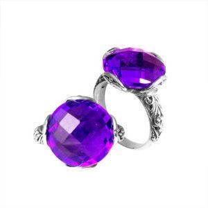 AR-6117-AM Sterling Silver Amethyst Quartz Faceted Ring – Handcrafted Balinese Scroll Design for wholesale by Bali Designs