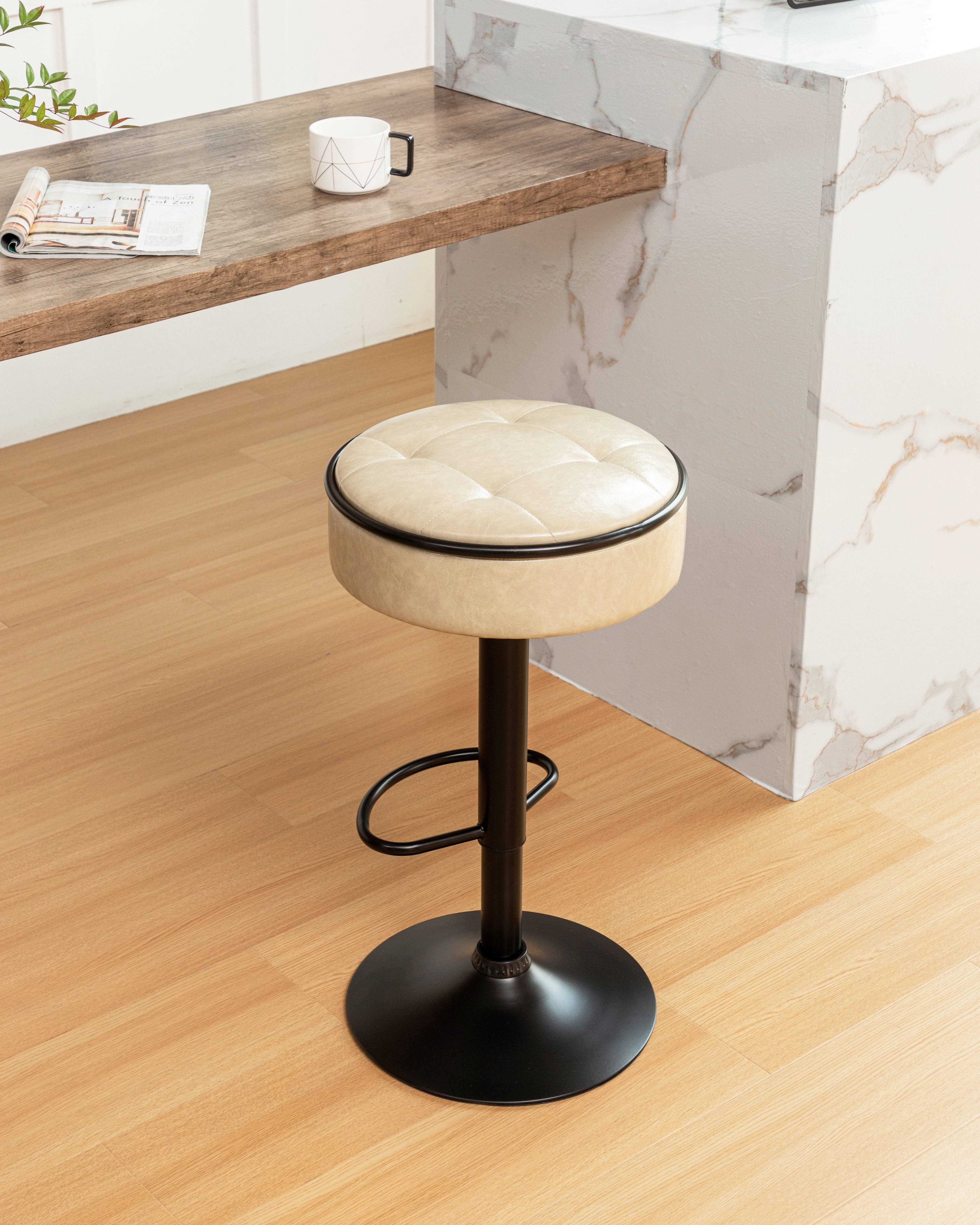 Orange County Decor - Wholesale Stool - Round Storage Bar Stool Set Of 2, Khaki Faux Leather Height Adjustable Barstool, 360 Counter Height Swivel Stool, Armless Bar Chair With Metal Frame For Kitchen Counter Dining Living Room Khaki Set24