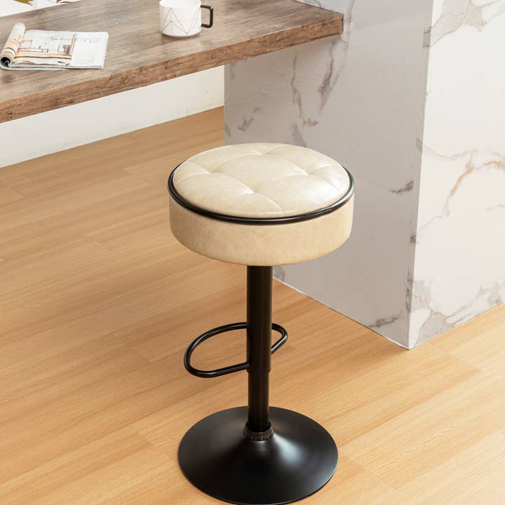 Orange County Decor - Wholesale Stool - Round Storage Bar Stool Set Of 2, Khaki Faux Leather Height Adjustable Barstool, 360 Counter Height Swivel Stool, Armless Bar Chair With Metal Frame For Kitchen Counter Dining Living Room Khaki Set24