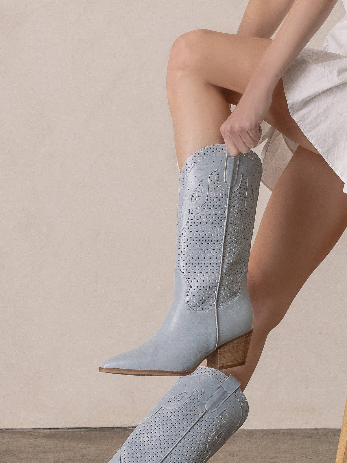 The Gabby | Blue Perforated Western Boot for wholesale on Faire3
