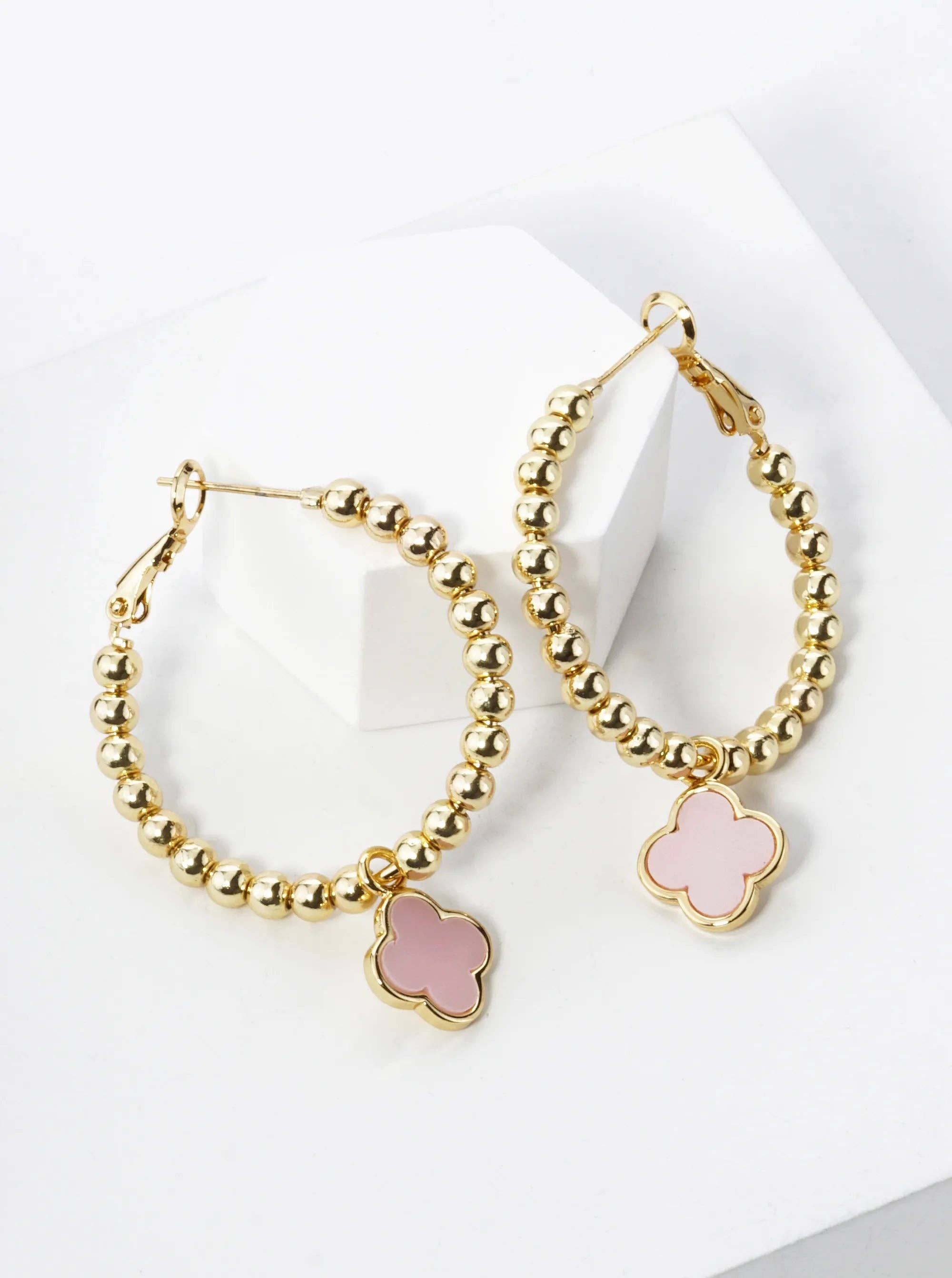 Wild Honey - Wholesale Hoop Earrings - 18K Gold Dipped Quatrefoil Drop Beaded Hoop Earrings2