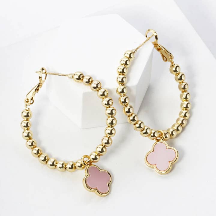 Wild Honey - Wholesale Hoop Earrings - 18K Gold Dipped Quatrefoil Drop Beaded Hoop Earrings2