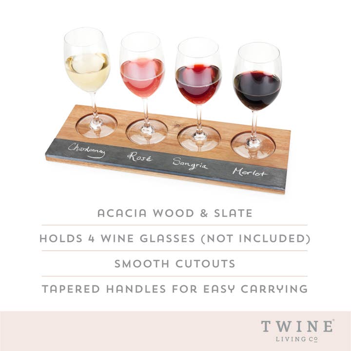 Twine - Wholesale Beer/Wine Caddy - Acacia & Slate 4-Glass Wine Flight Board - Includes Chalk