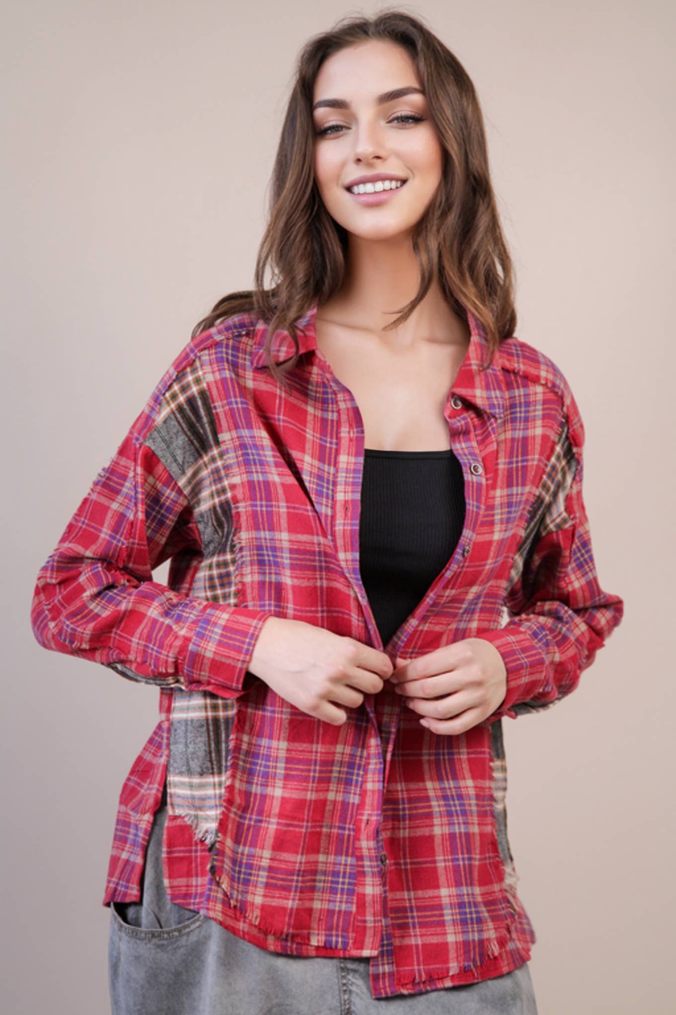 VERY J - Wholesale Button Down Shirt - Women's - NT11681-Contrast Plaid Detail Casual Shirt Top14