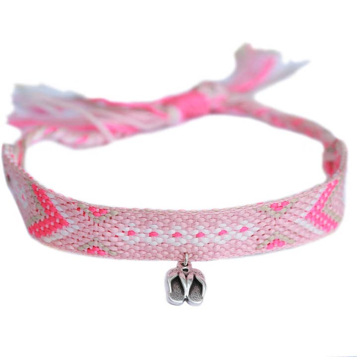 Enkelbandje katoenen aztec roze zilveren teenslipper voor wholesale door Love Ibiza