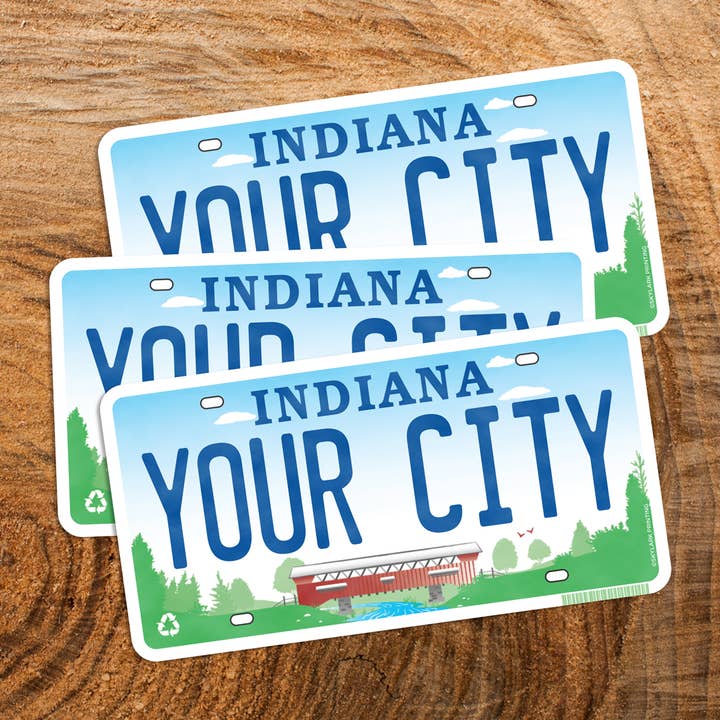 Indiana License Plate Souvenir Sticker with Your City, Text for wholesale by Skylark Printing