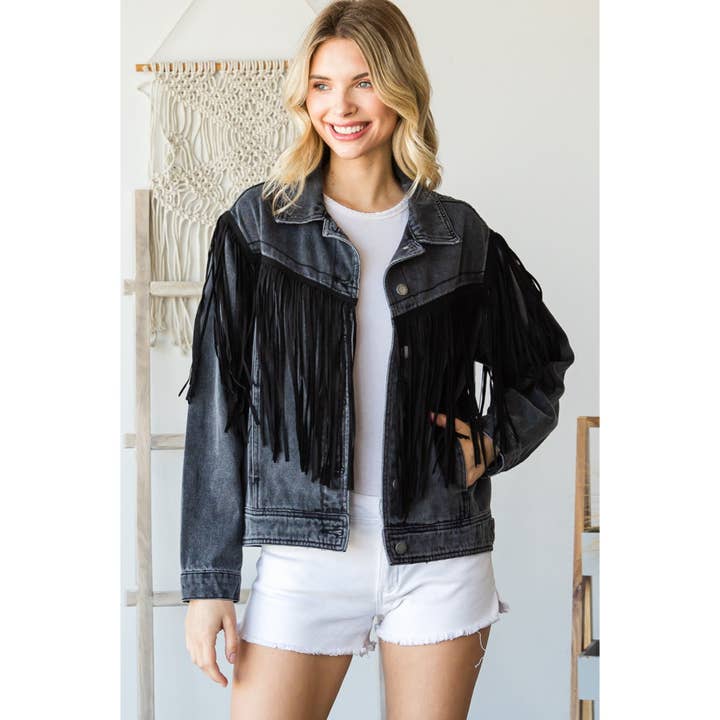 Button Up Fringed Black Denim Jacket for wholesale by Clothing of America